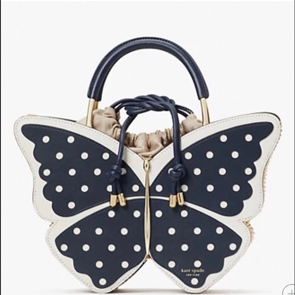 NWT/NIB Authentic Kate Spade Wing It navy polka dot and wicker butterfly satchel
